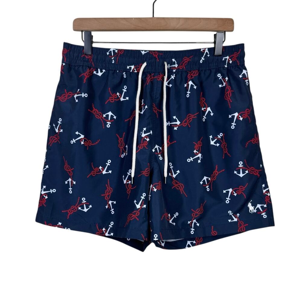 Polo Ralph Lauren Nautical Anchor Print Elastic Waist Swim Trunks Shorts Pockets